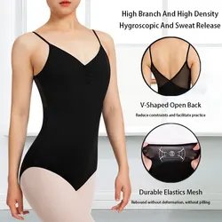 Women Microlux Princess V-Front Seam Ballet Camisole Dance Black Leotard With Front Two-line Splicing,V-Shaped Back Mesh Splice