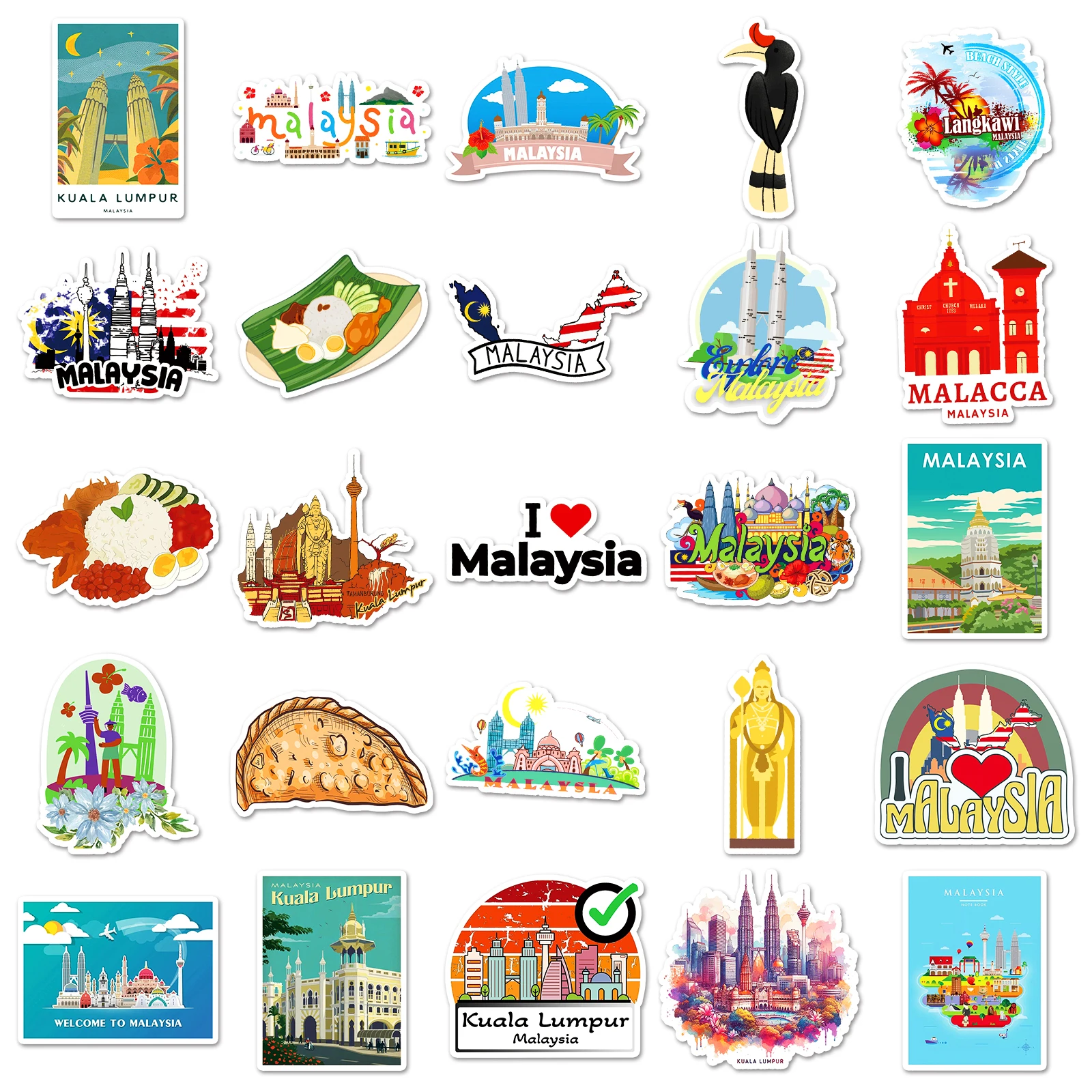 50Pcs Malaysia City Series Cartoon Cute Waterproof Sticker Skateboarding Snowboard Retro Vinyl Sticker