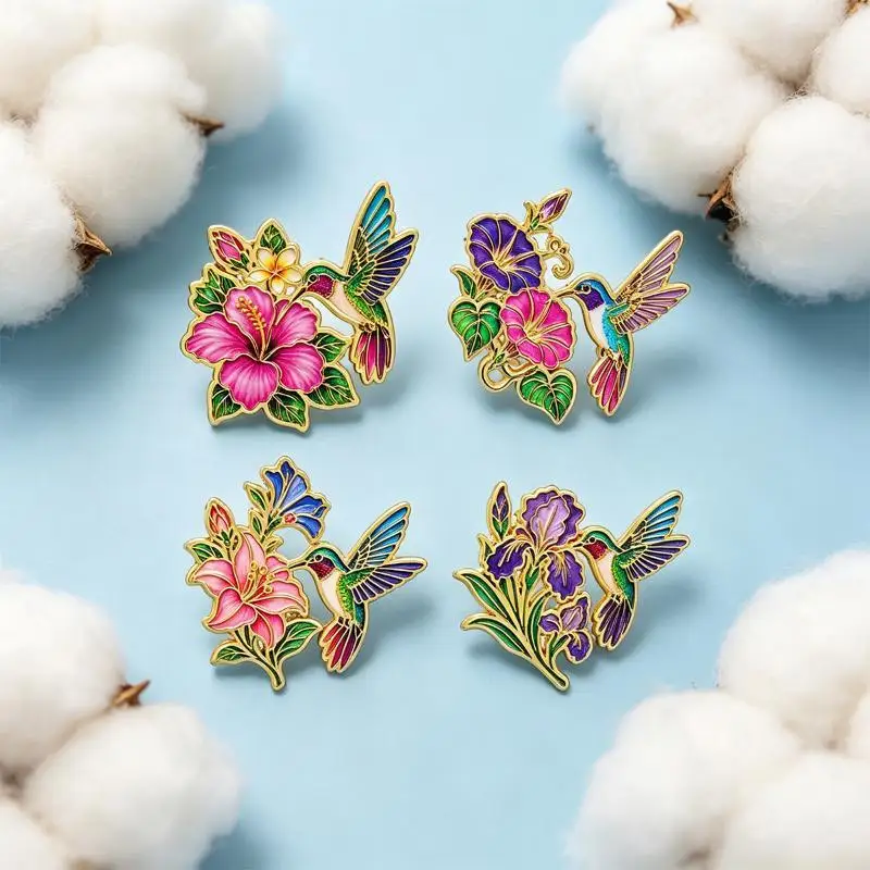 1/4Pcs Women's Brooches Collar Lapel Pins Hummingbird Flower Enamel Pin Set Cute Bird Brooch For Coat Metal Badges Jewelry Gift