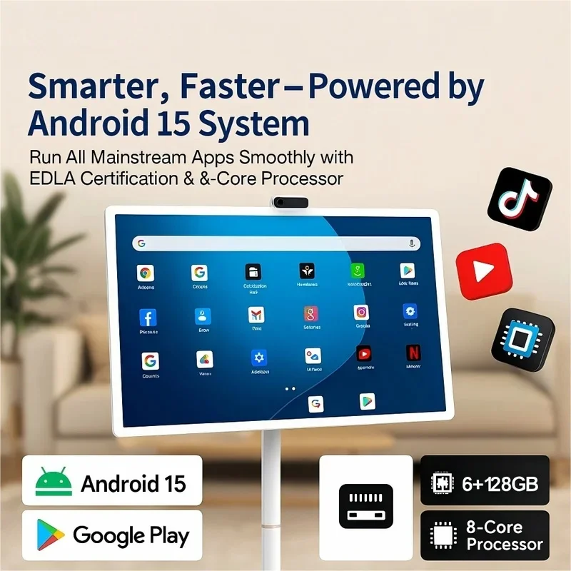 32 Inch Android 15 6G+128G Smart Screen, Floor Stand TV with Remote Controller, 2K Camera Video Call, Inbuit 148WH Battery Power