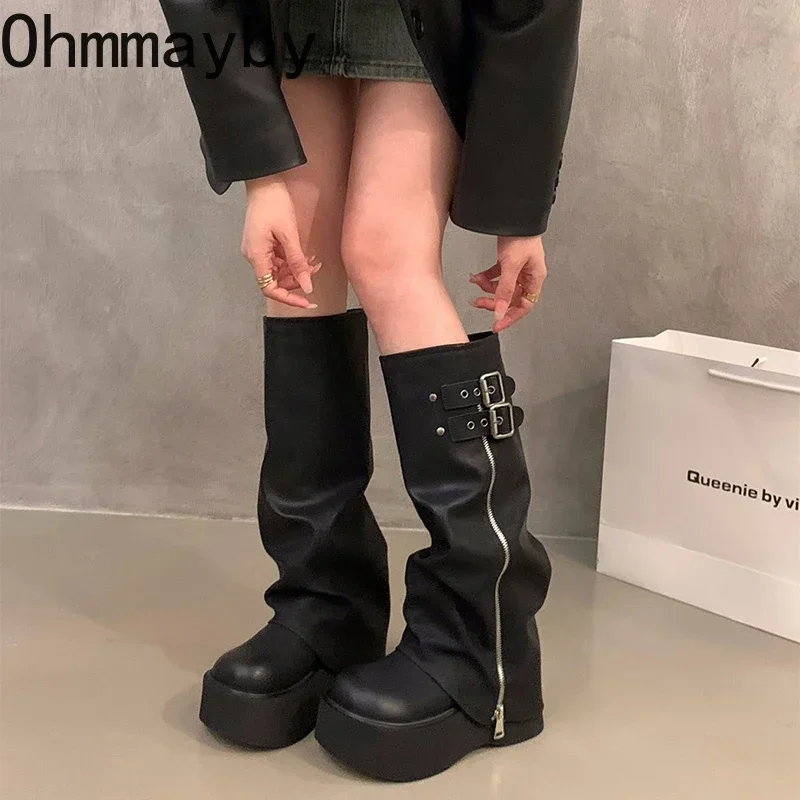 Punk Style Women Western Cowgirl Boots Fashion Slip On Shoes Autumn Winter Platform Heel Ladies Knight Long Booties