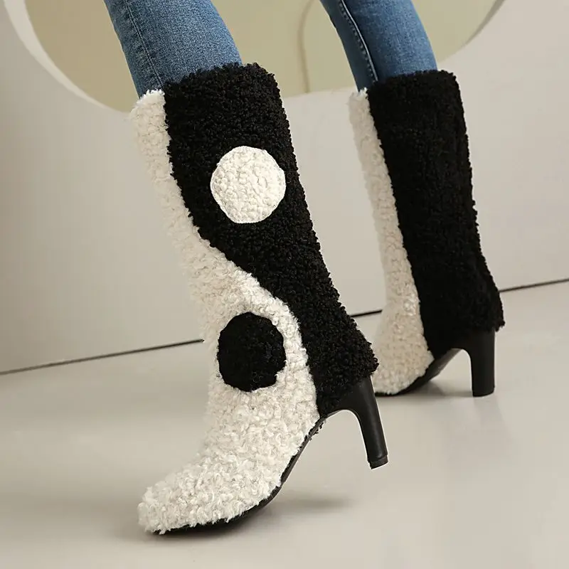 

ORCHA LISA Style Women's Mid Calf Boots Round Toe 7.5cm High Heel Slip On Mixed Color Warm Plush Big Size 43-44 Winter