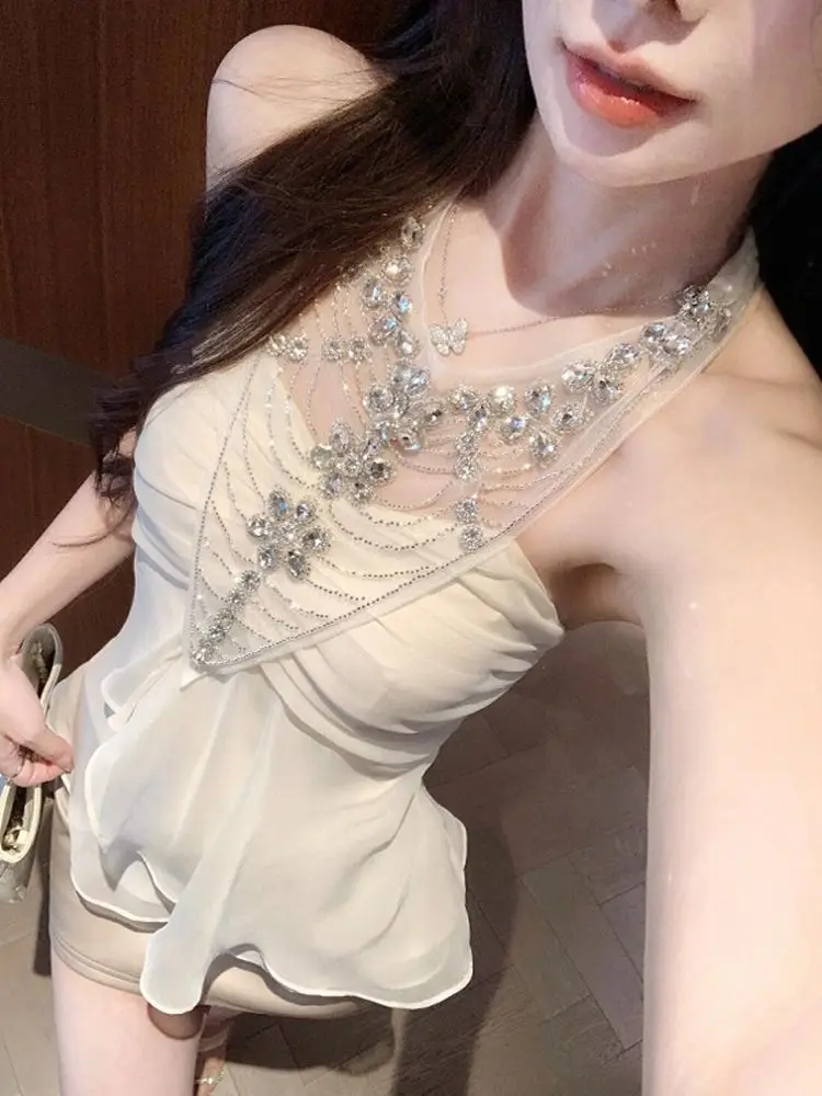 

French-style Bejeweled Halter Tank Top for Women New Summer Sexy and Fashionable Fitted Blouse