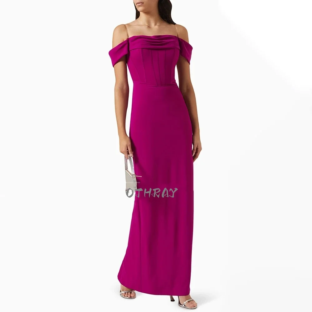 

OTHRAY Long Off the Shoulder Backl Slit Column Prom Dresses Women's Evening Dress Fuchsia Transparent Spaghetti Straps Gowns