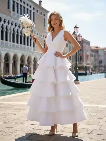 2025 Summer New Women's Layered Ruffle Maxi Dress V-neck Sleeveless A-line High Waist Pleated Party Dress Elegant Evening Gowns