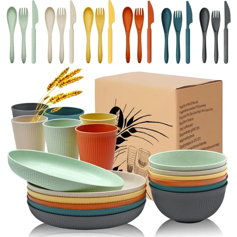 

Wheat Straw Dinnerware Sets with Plates, Cups, Knives, Forks and Spoons Reusable Plates Dishwasher and Microwave