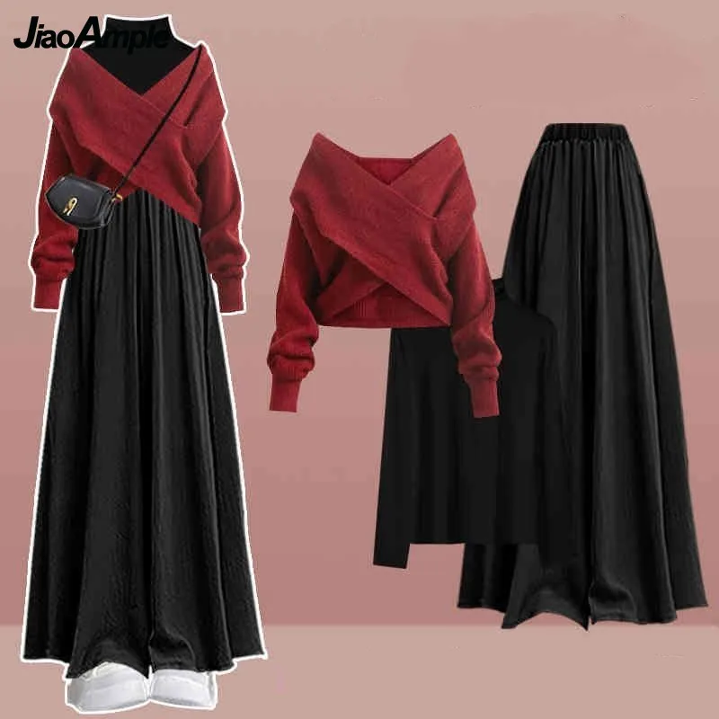 Feminino 2025 outono/inverno nova moda em conjunto de correspondência coreano elegante camisola de malha + undershirt + saia casual calças terno de 3 peças