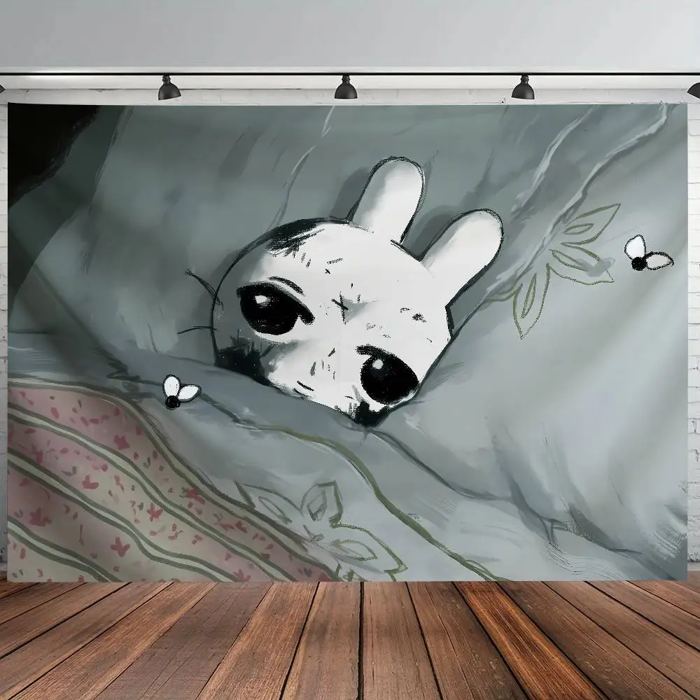 Funny Cute Bunny Tapestry Dark Wall Hanging Sleepy Rabbit in Bed Flying insects Aesthetic Room Gothic Dorm Backdrop Art