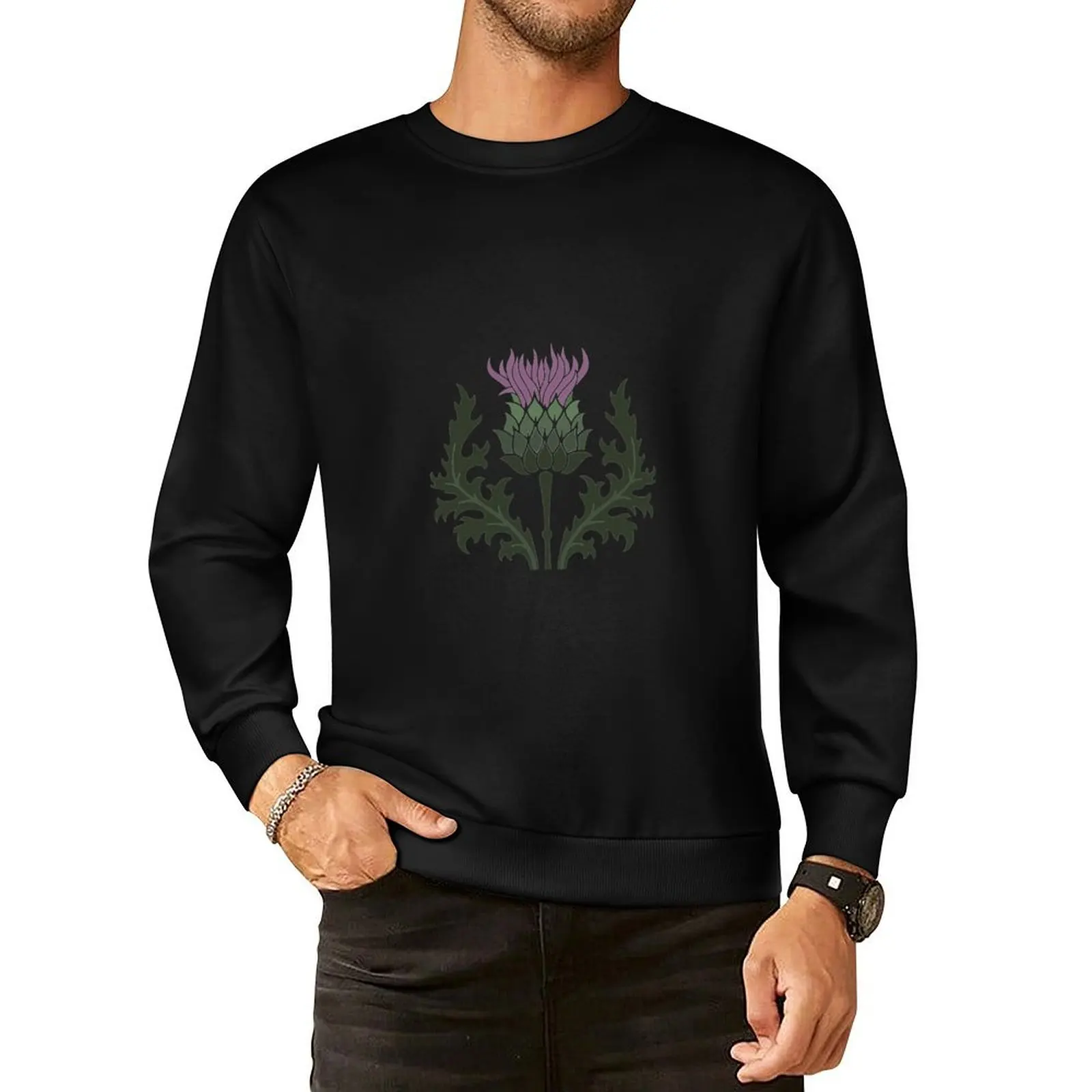 

Scottish Thistle Flower of Scotland on Black Pullover Hoodie korean style clothes tracksuit sweatshirts men