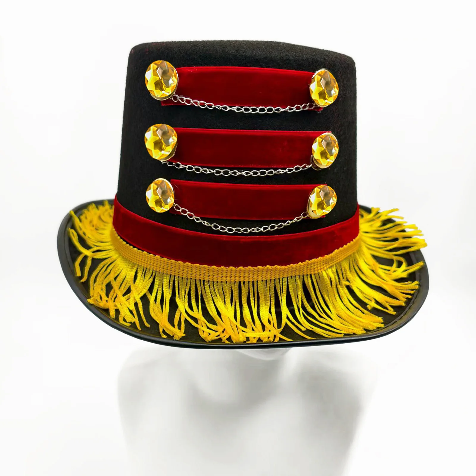 Chapeau de maître de cirque rouge et noir, 1 pièce, chapeau d'entraîneur de cirque avec boutons ou chaînes dorées, accessoire de Costume d'halloween Burlesque de carnaval