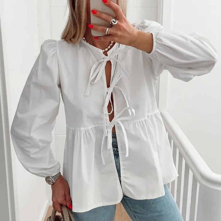 Vintage Zoete Ruches Shirts Vrouwen 2024 Mode Dames Losse Lange Blouses Voor Dames Chique Vakantie Strik Tops Casual Kleding