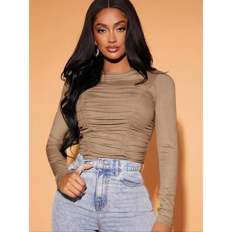 Plus Size 1XL-5XL Women Fashion Solid Color Long Sleeve T-Shirts Ladies Casual Slim Fit Pullovers Female Basic Tees Tops