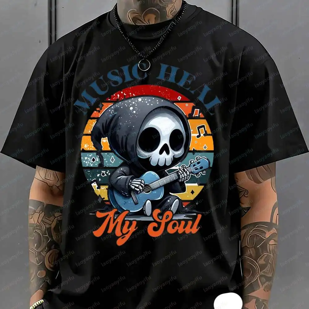 Men's Funny Music Heal My Soul Grim Reaper Guitar T-Shirt Retro Sunset Music Graphic Print Cotton Casual Music Lover Novelty Top