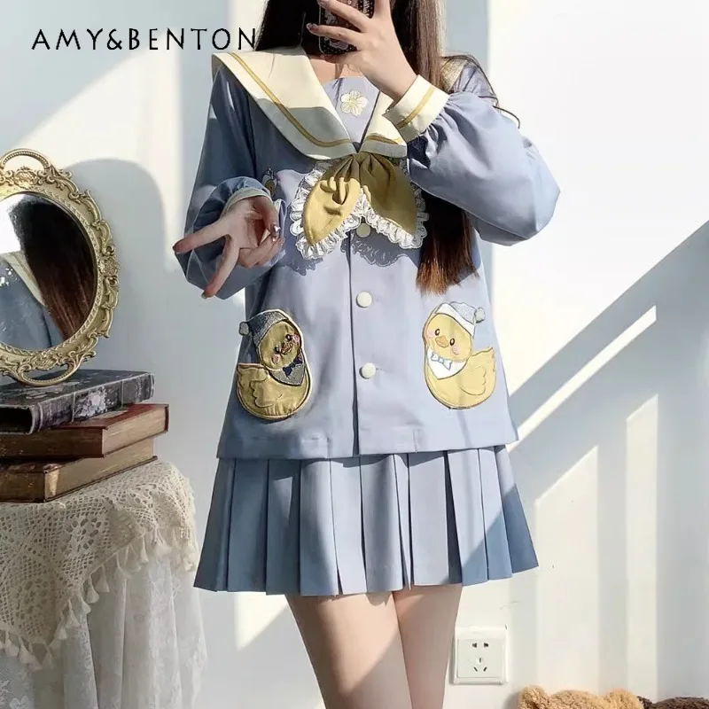 

New Cartoon Lolita Japanese Cute Sweet Sailor Suit Academy Style Short Sleeved Top Skirt Set Spring Summer JK Blue Bow Uniform