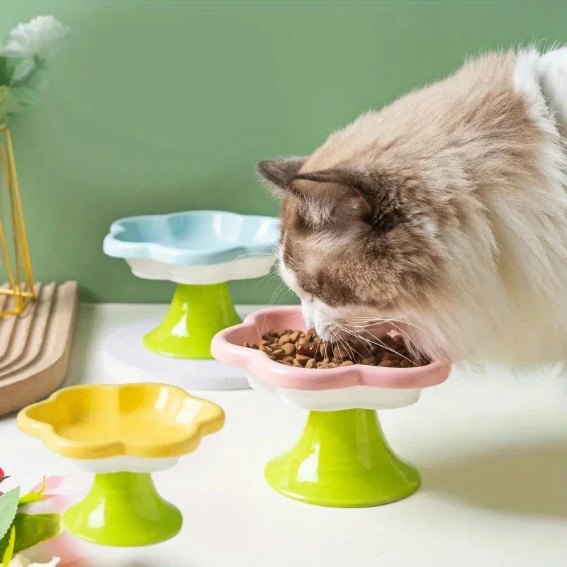 

Ceramic Raised Cat Bowl With Flower Design, Elevated Cat Food Bowl Water Plate Snack Dish With Stand For Neck Protection