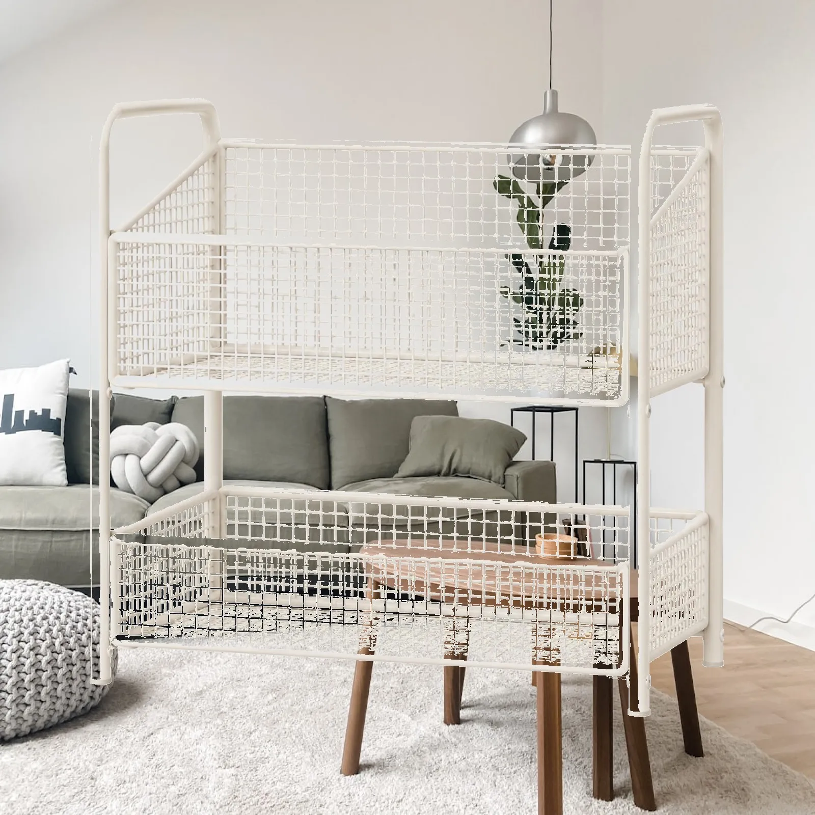 Wire Mesh Storage Rack Space-Saving Two-Tier Floor-Standing Storage Rack Floor Shelf with Front Retaining Rails Compact