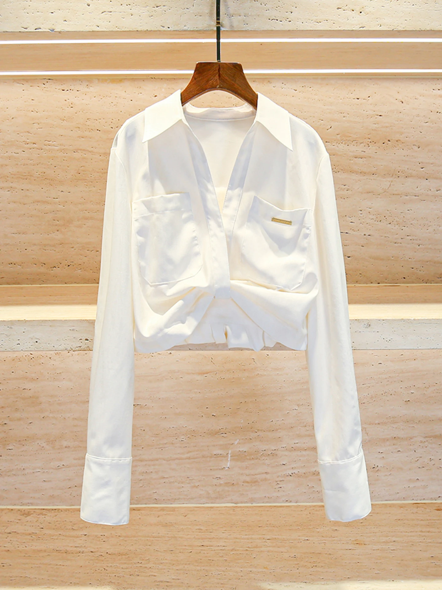 

High-End Women's White irt Spring Autumn Season Small Design Sense Twist Knot Top Commute Sle Regular Sve Long irt