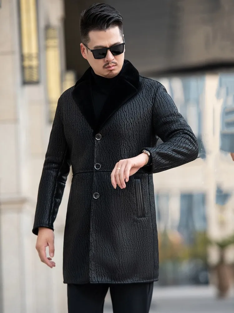 Single Breasted Winter Mens Middle Length Wool Overcoat Slim Fit Business Casual Warm Sheep Fur Lining Genuine Leather Jacket