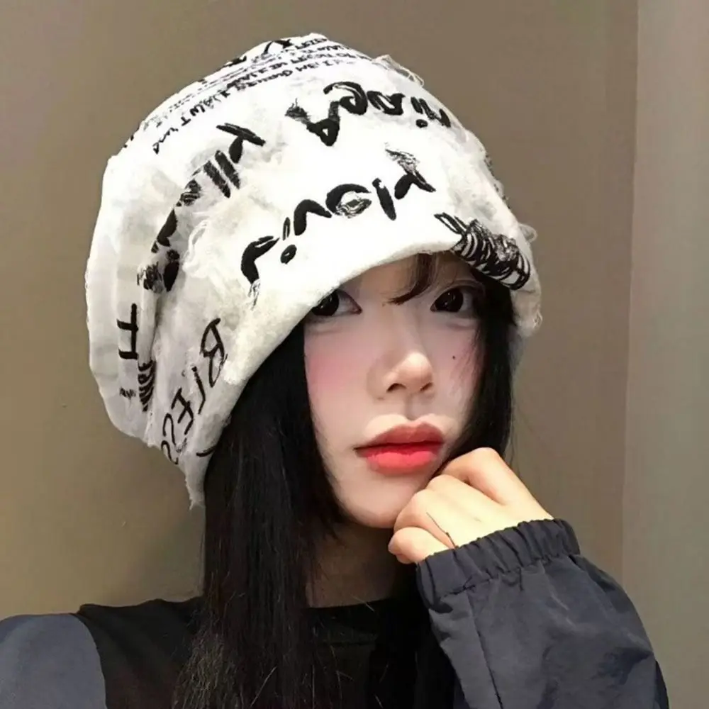 Distressed Thin Bonnet Letter Print Beanie Warm Wasteland Style Vintage Beanie Loose Casual Pullover Hat Unisex