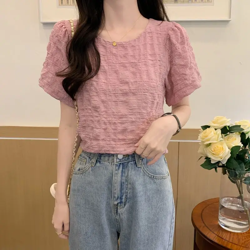 Puff Sleeve Blouses Women Folds Design Sweet Loose Casual Solid Korean Style Summer New Ladies Temperament All-match Aesthetic