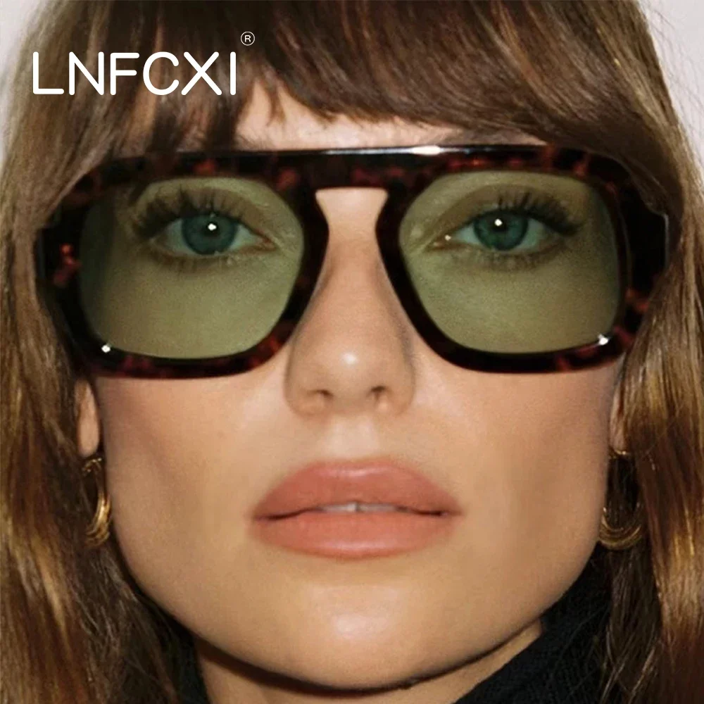 

LNFCXI New Retro Square Sunglasses Women Fashion Leopard Green Gradient Shades UV400 Men Punk Sun Glasses