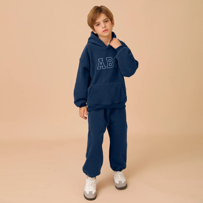 2PCS Track Suit Spring Fleece Inside Children Kids Boys Girls Hoodie Set Tops And Pants Casual Set Clothing