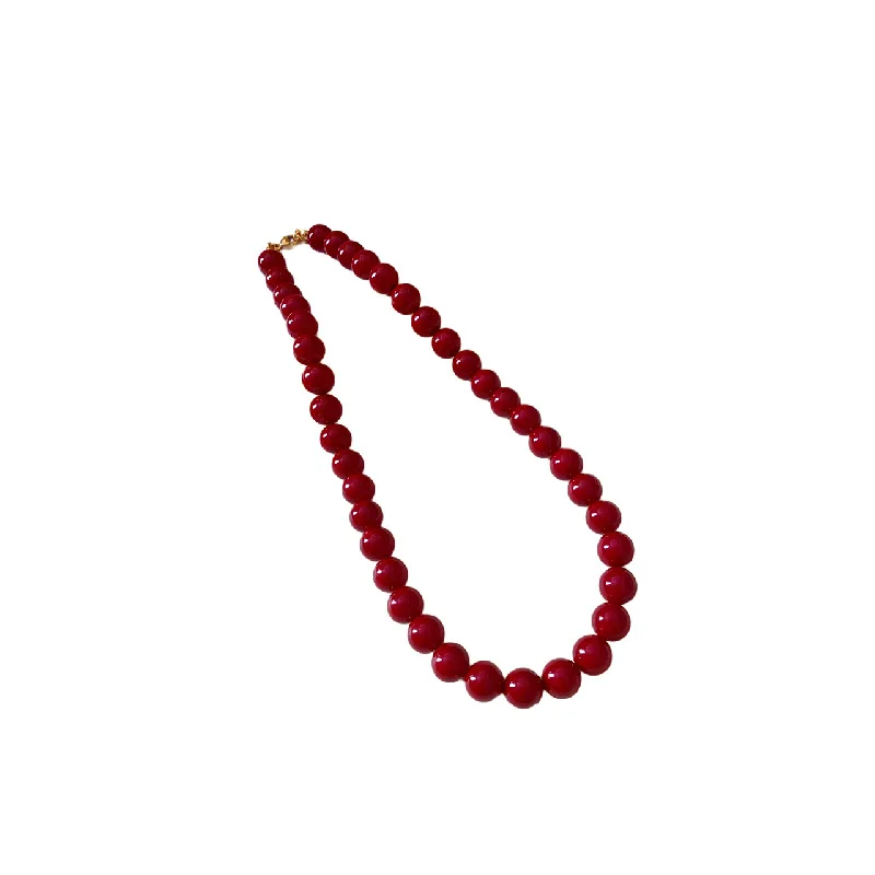 Red Round Glass Bead Necklace Retro Collarbone Chain Accessories for Women