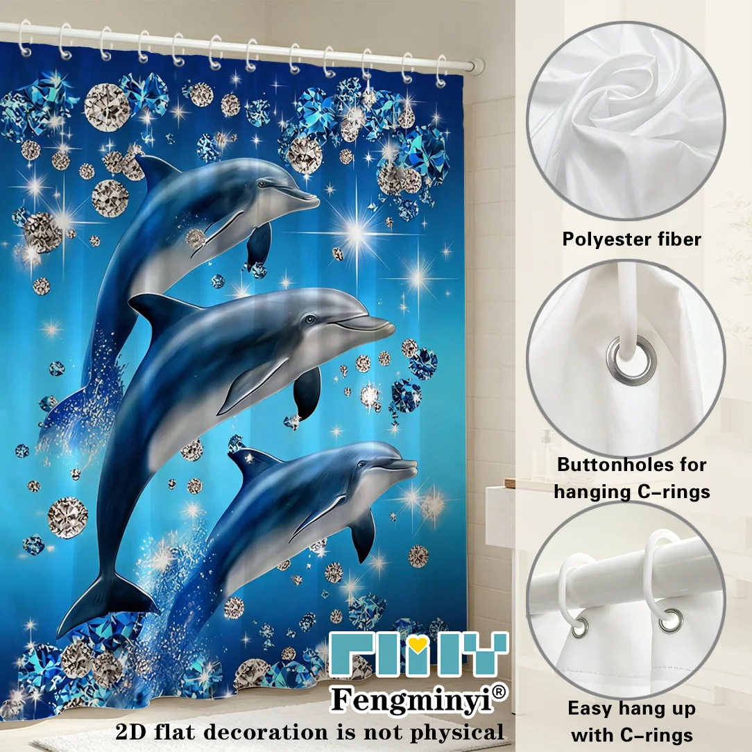 Glitter Diamond Dolphin Shower Curtain, Ocean Dolphins and Sparkle Gemstone Print, Washable Bathroom Partition Decor Curtain