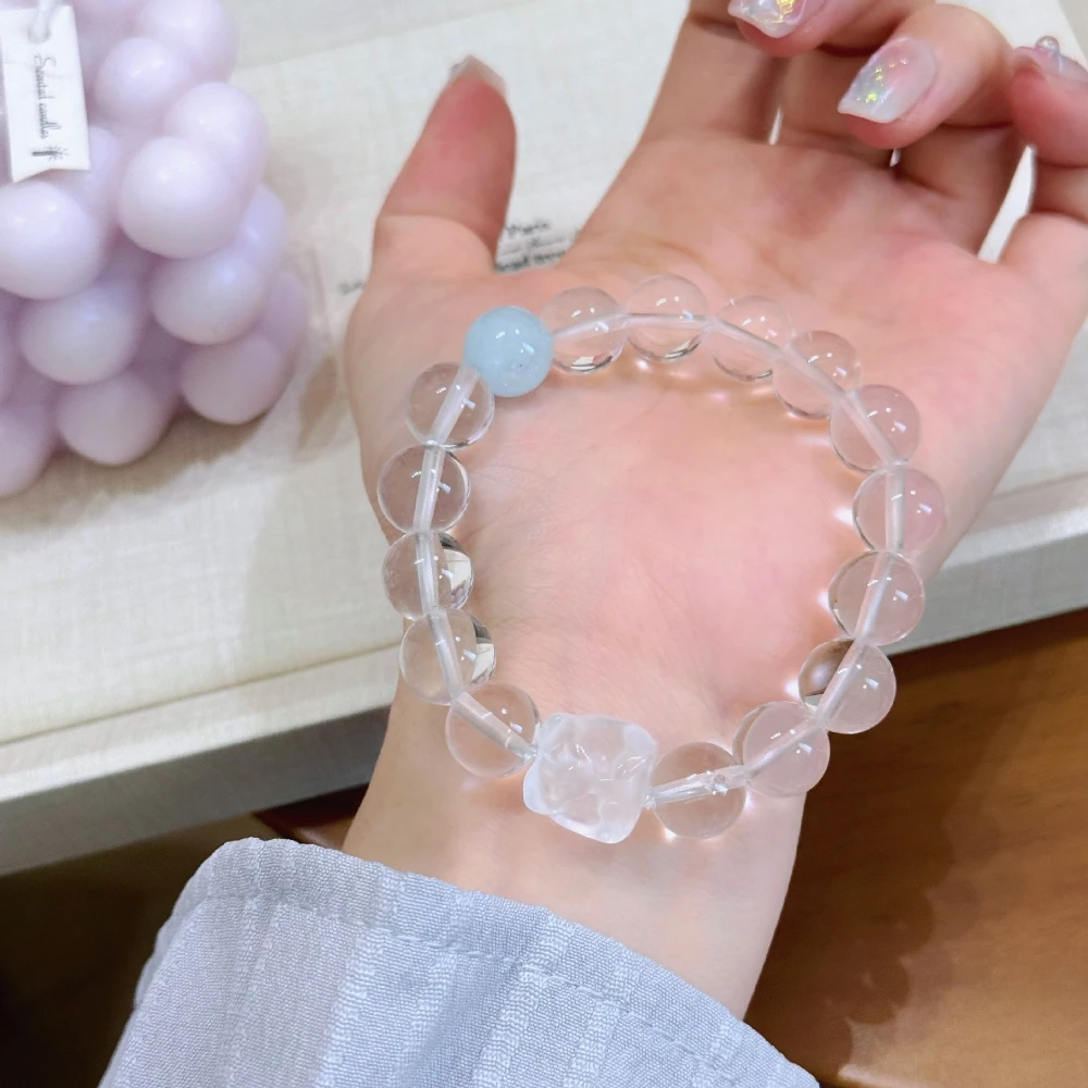 

Natural White Crystal Bracelet, Aquamarine Small Lion Dancing Crystal Fashionable Small Fresh Bracelet