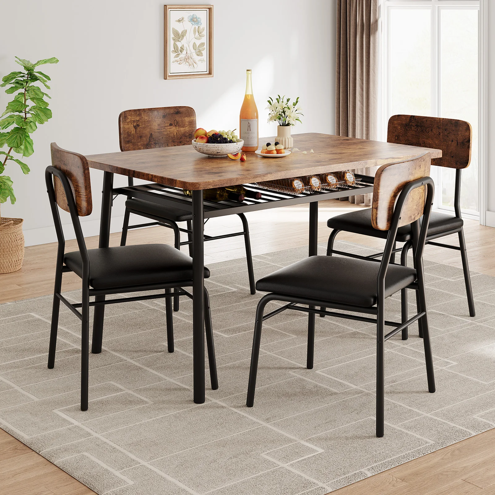 5-Piece Dining Table Set for 4 with Storage Rack, Kitchen Dinette Set Includes Wood Tabletop & 4 Upholstered Chairs, Heavy-Duty Metal Frame, Space-Saving Dining Room Furniture for Apartment & Breakfast Nook