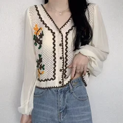 Floral Embroidery Crochet Top with Long Sleeve Button Front Blouse Women Spring Summer Boho Vacation Outfit