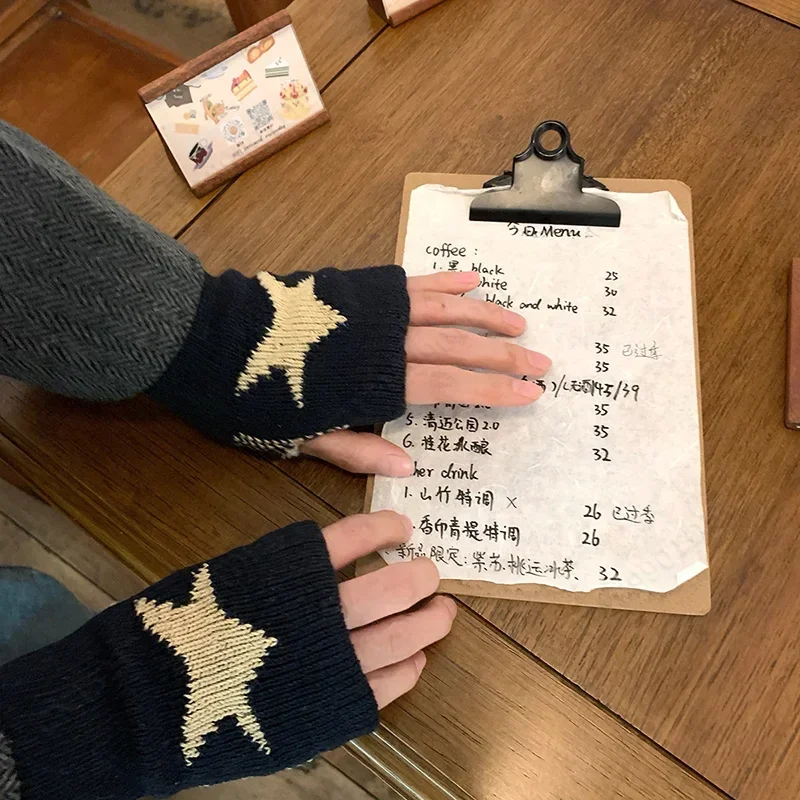 Punk Y2K Knitted Woolen Gloves for Men Women Pentagram Half Finger Warm Soft Mittens Soft Star Hand Fingerless Gloves