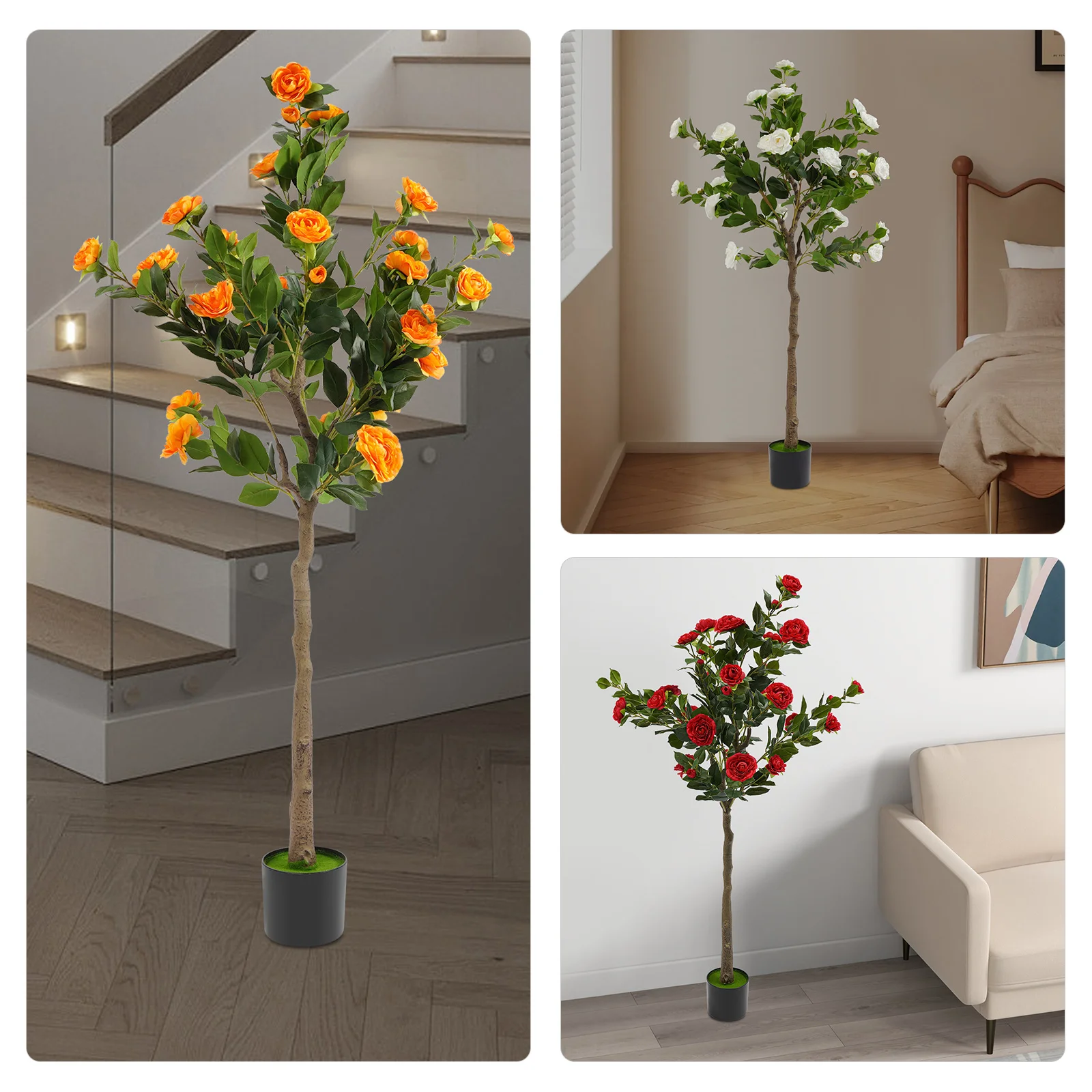 

Искусственное дерево камелии с красными цветами, декоративное растение в горшке, реалистичное искусственное цветочное дерево для дома, патио и офиса