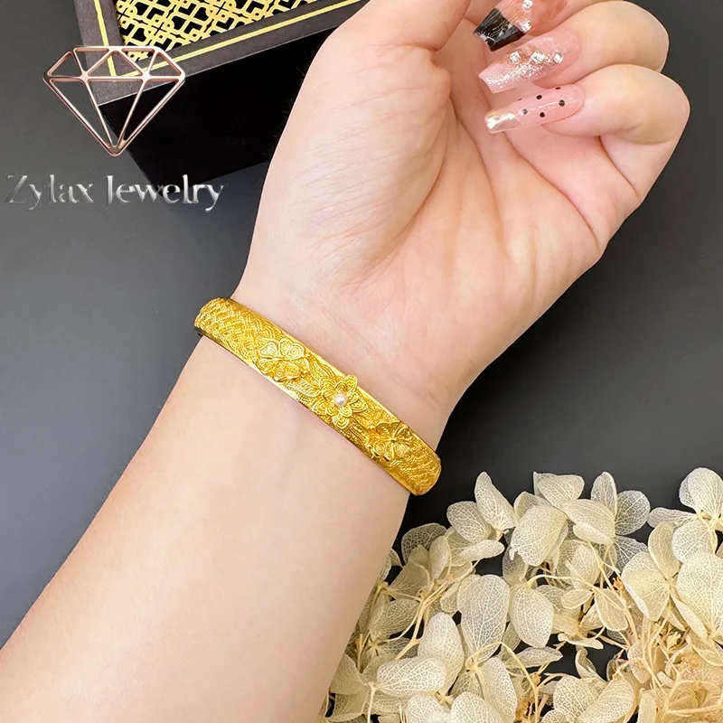 Zylax Jewelry Luxury 24K 9999 Pure Gold real gold Liankai Fulai Women's Bracelet Carved Vintage Filament Open Bracelet