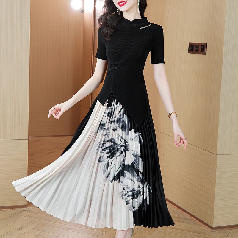 Ele Chinese Sle Stand Kraag T-top en rokset Dames Slim Fit Geplooide print Tweedelige outfit Polyester ort Sl...