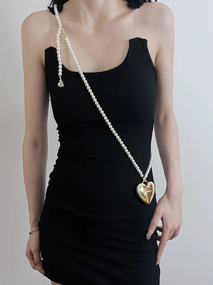 XIALUOKE Vintage Long Pearl Strap Beaded Heart Pendant Necklace Women Wedding Jewelry Embellished Suit Accessory Waist Chain