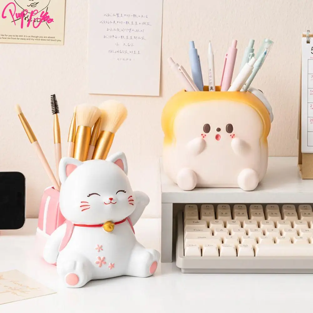 Kawaii Maneki Neko Lucky Bag Pen Holder Toast Cat Desktop Storage Box Resin Multifunction Pencil Container Office