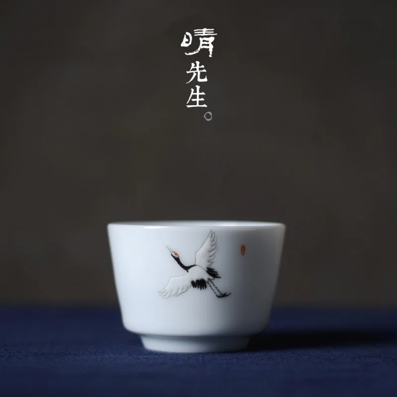 Jingdezhen Hand-Painted Three-Dimensional Crane Lovely White Glaze Tea Cup Auspicious Crane Painting Tea Cup Master Cup Single C