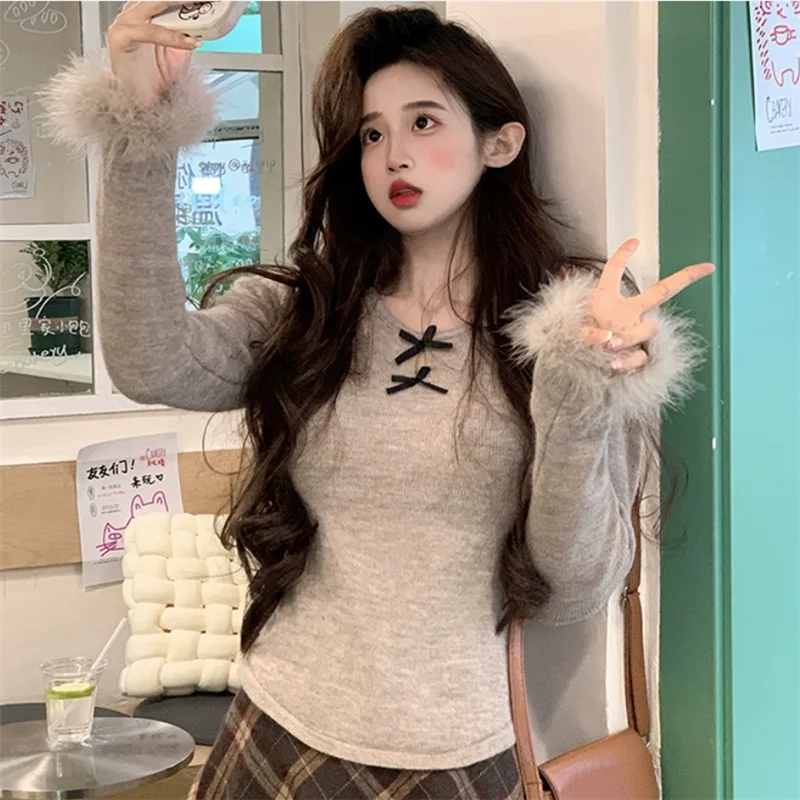 

Sweet Bow Feather Patchwork Long Sleeve Slim Sweater Shirt 2025 New Spring Women Fashion O Neck Floral Knitted Tops Chic Jumper