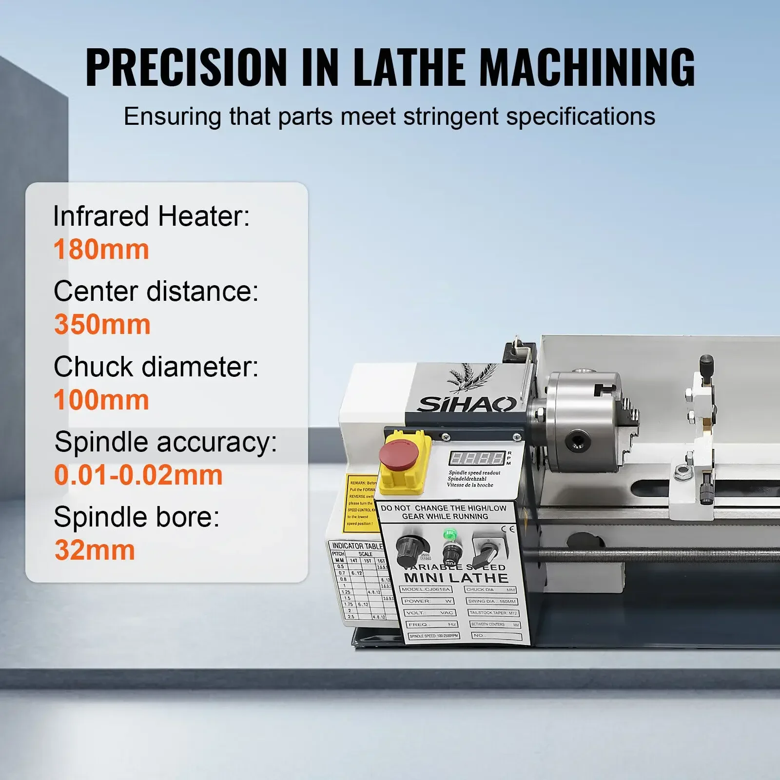 SIHAO 750W Metal Desktop Lathe 180*350mm Precision Metal Lathe Small Industrial Grade Woodworking Variable Speed Lathe