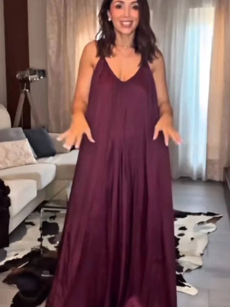 HH Summer Woman Sexy Satin Texture Long Dresses Women O-Neck Dress Sleeveless Backless Pleated Decorate Beach Party Dress