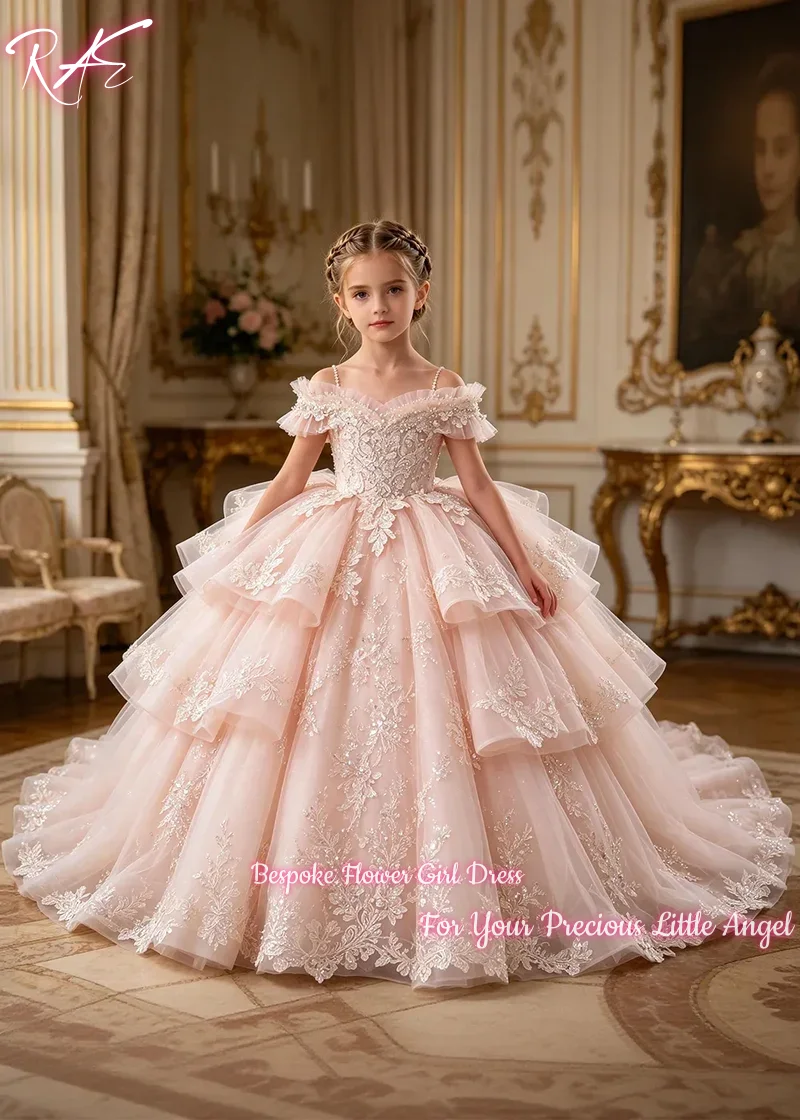 Princess Flower Girl Dress For Wedding Birthday Pageant A Line Floor Length Puffy Tulle Lace Applique Ruffle Gowns Customized