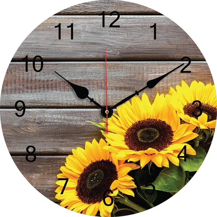 Wood Grain Sunflower Wall Clock Kitchen Decor Wall Art Silent Non Ticking Large Round Wall Clocks For Living Room Bedroom Office