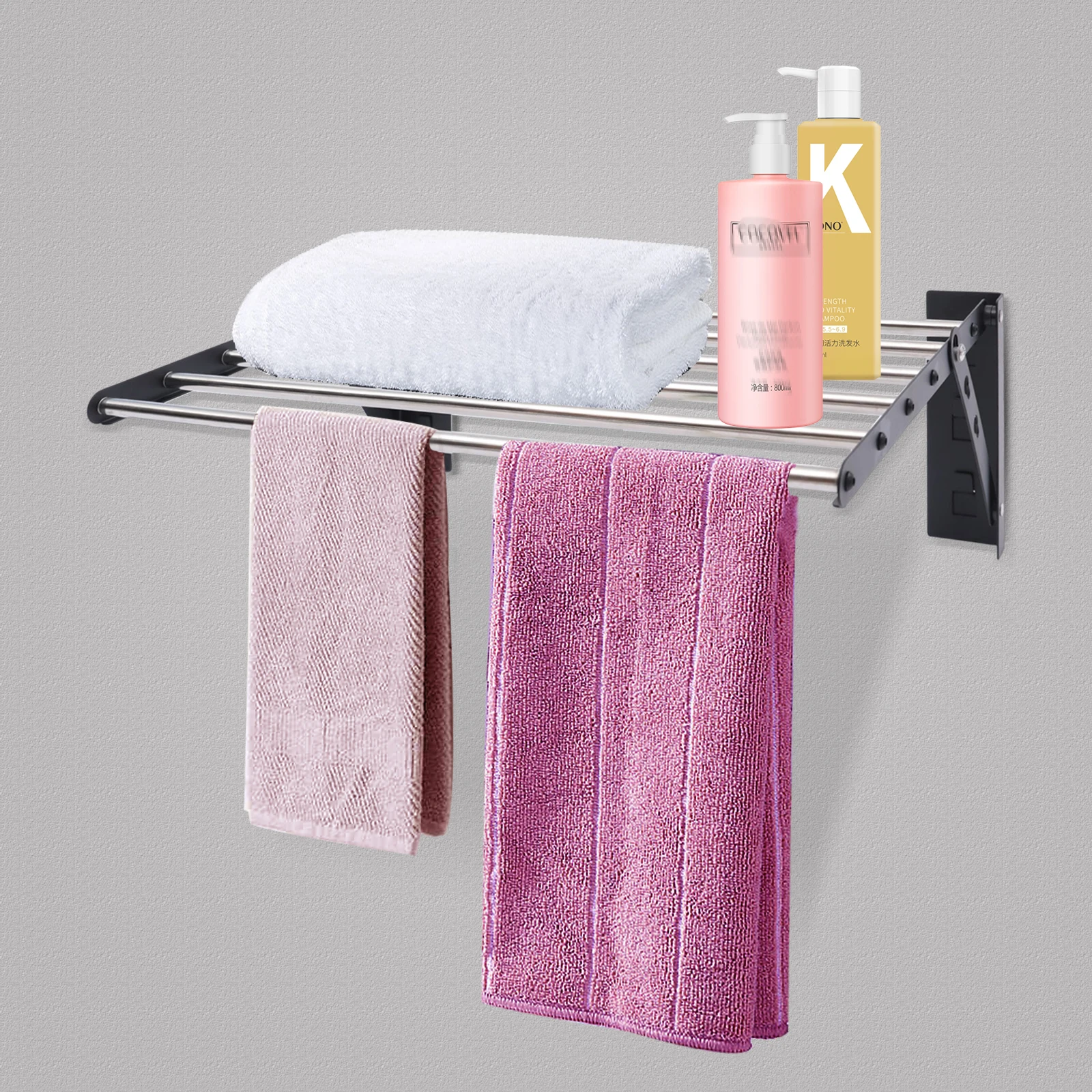 

60*39.5*20cm Wall-Mounted Rectangular Shower Caddy Shelf Storage Rack Organizer with Curved Corners Black Stainless Steel