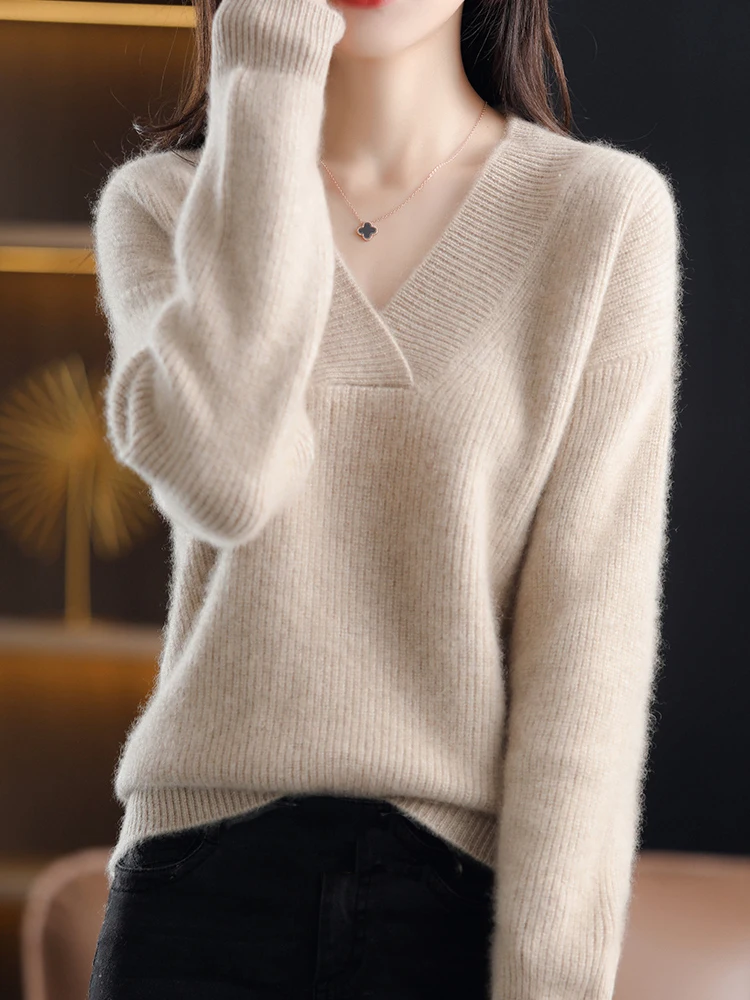 Women\'s Sweater 2023 Autumn Winter Knitted Pullovers V-neck Slim Fit Bottoming Shirt Solid Soft Knitwear Jumpers Basic Sweaters