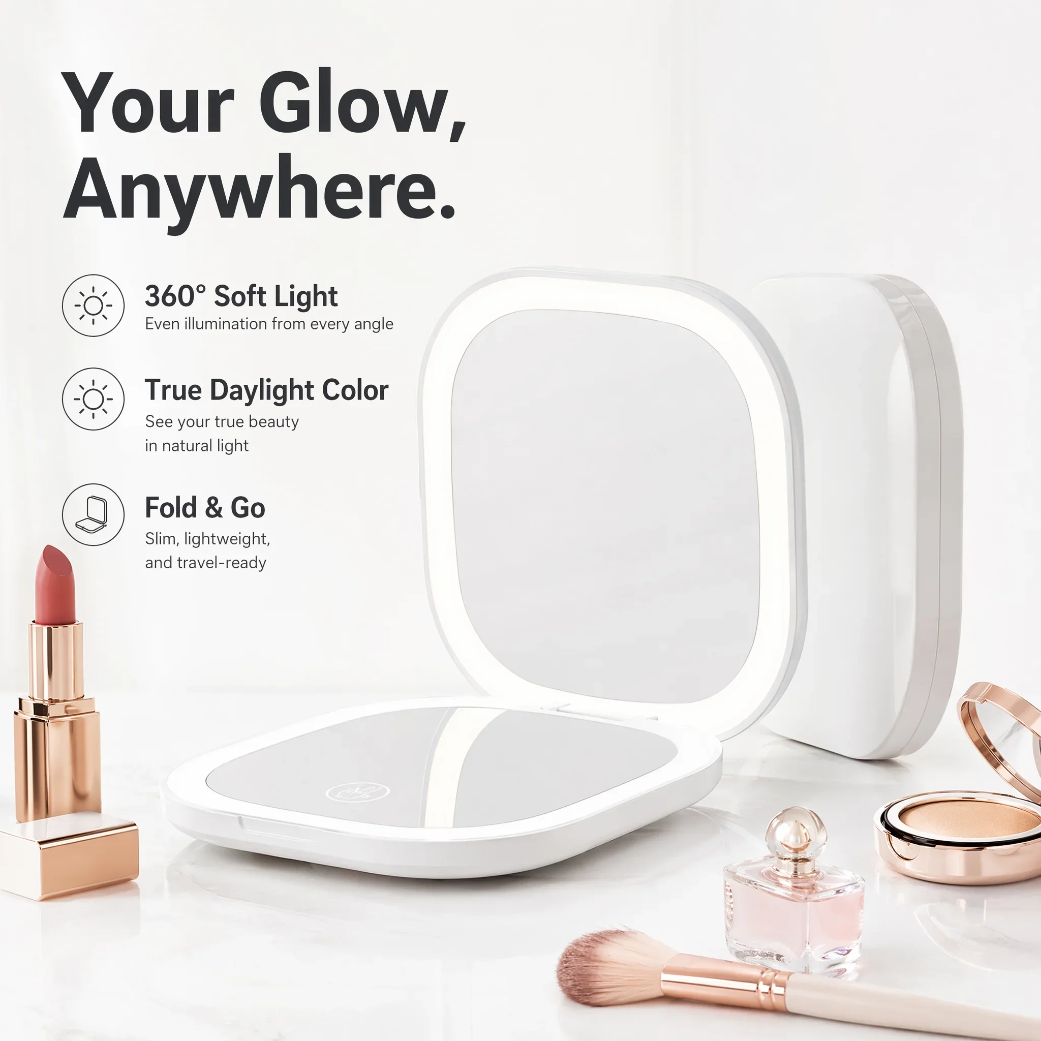 Portable LED Makeup Mirror 1X/5X Magnifying Double Sided Foldable Pocket Mirror with Fill Light USB Rechargeable for Travel