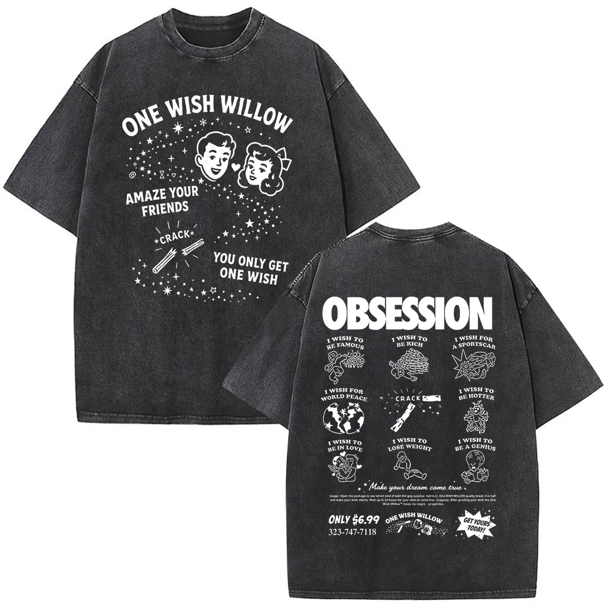Movie Obsession One Wish Willow Vintage Washed T-Shirts für Männer und Frauen, Gothic, lässig, übergroß, kurzärmelig, O-Ausschnitt – Detail 6