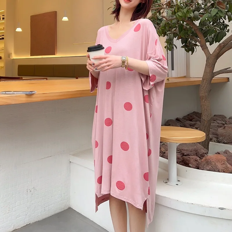 Plus Size 5XL 150KG Women Summer Dot Print Dress Female Oversized O Neck Modal Dresses Pullover Large Size Soft Dress