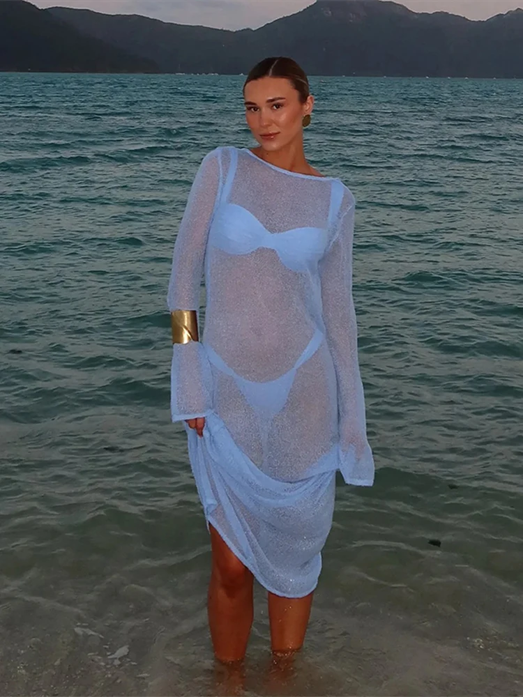 Sexy Summer Hollow Out Long Dress Backless See-Through Long Flare Sleeve Holiday Beach Maxi Dresses 2025 New Lady Slim Cover Up