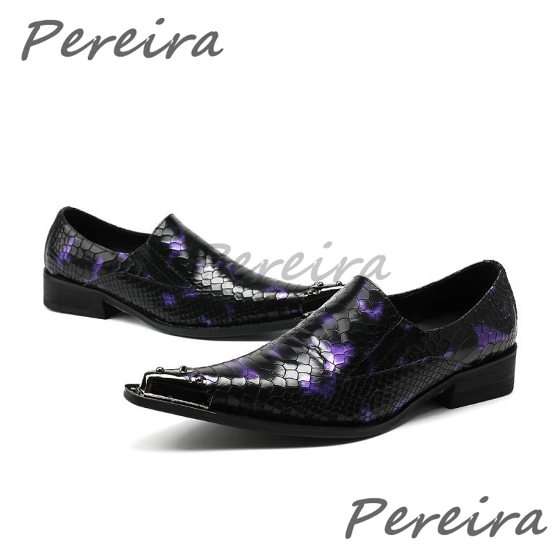 Purple Genuine Leather Men's Dress Shoes Snake Patterned Iron Pointy Toe Loafers Summer New Party Wedding Casual Business Shoes